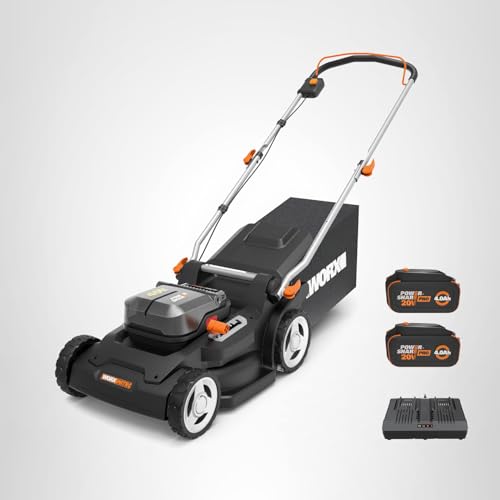 17'' Cordless Lawn Mower, 2 in 1 Electric Mower Cuts to Edge, Compact & Lightweight Push Lawn Mower with 6-Position Height Adjustment for Medium Size Yards, 2 Batteries & Charger Included, WG745