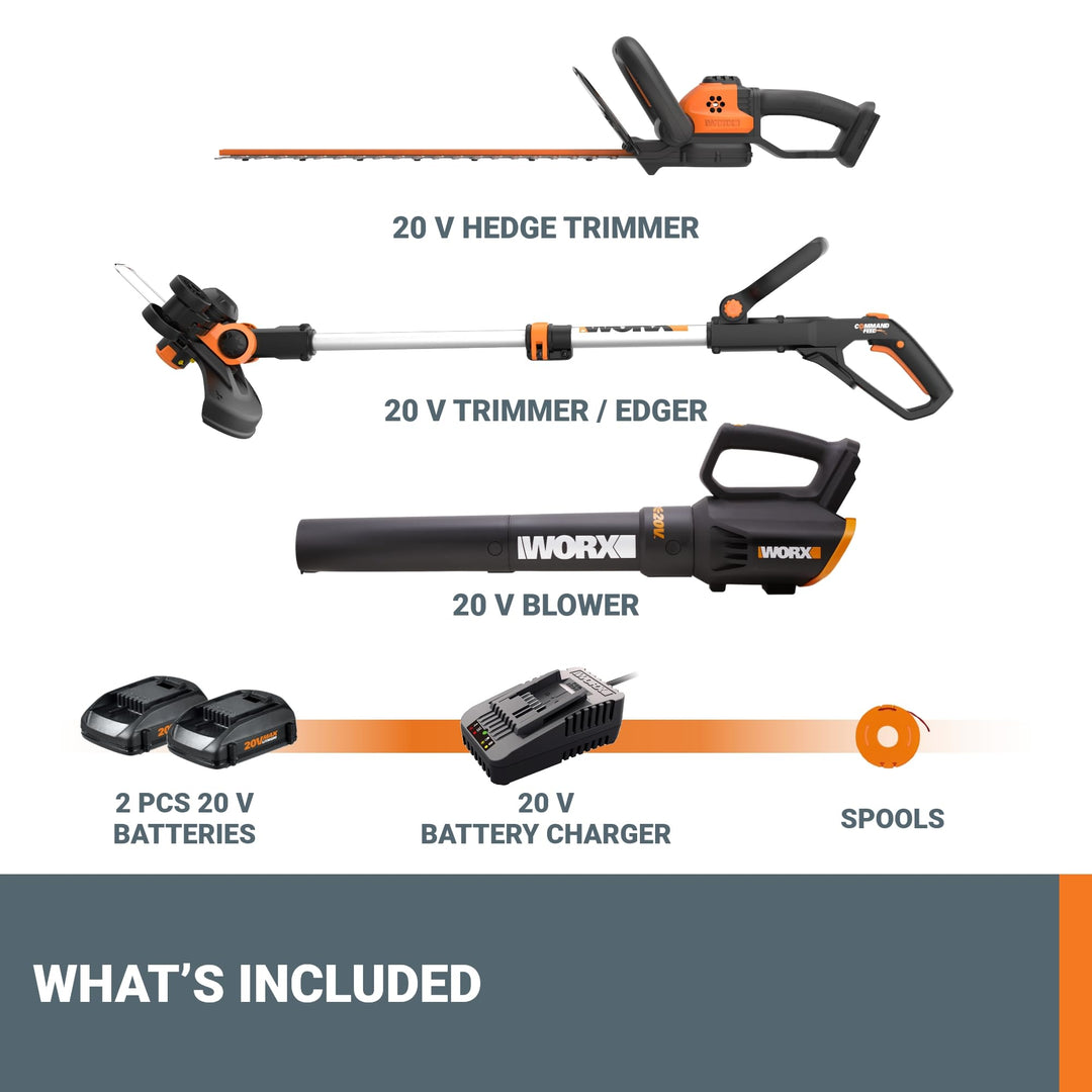 20V 12'' Cordless String Trimmer, 360 CFM Leaf Blower & 22'' Hedge Trimmer Combo, 2 Batteries & Charger Included, WG931