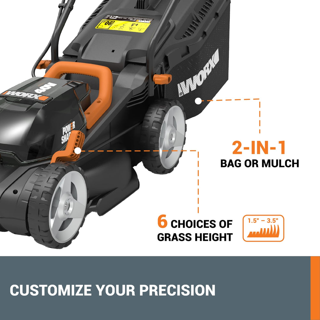 WORX 14" Cordless Lawn Mower, 2 in 1 Electric Mower Cuts Quietly, Compact & Lightweight Push Lawn Mower with 6-Position Height Adjustment for Small Yards, 2 Batteries & Charger Included, WG779