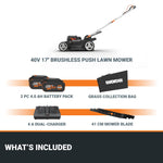 Load image into Gallery viewer, 17'' Cordless Lawn Mower, 2 in 1 Electric Mower Cuts to Edge, Compact &amp; Lightweight Push Lawn Mower with 6-Position Height Adjustment for Medium Size Yards, 2 Batteries &amp; Charger Included, WG745