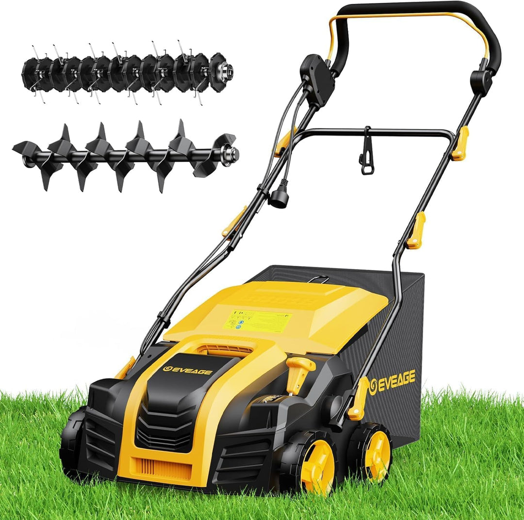 Upgraded EVEAGE 16-Inch 15 Amp Electric Dethatcher & Scarifier, 5-Position Depth Adjustment, 14.5gal Collection Bag, Increases Lawn Health, EDS16S