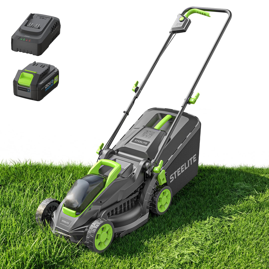 STEELITE 21V 13-Inch Brushless Cordless Lawn Mower, Electric Push Mower with 4.0Ah Battery & Charger, 5-Level Height Adjustment, Mulching/Bagging, for Small Yard
