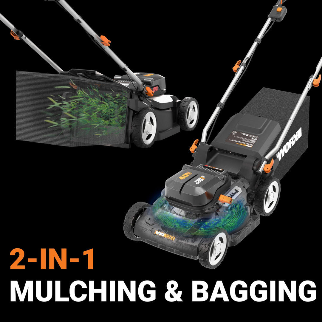 17'' Cordless Lawn Mower, 2 in 1 Electric Mower Cuts to Edge, Compact & Lightweight Push Lawn Mower with 6-Position Height Adjustment for Medium Size Yards, 2 Batteries & Charger Included, WG745
