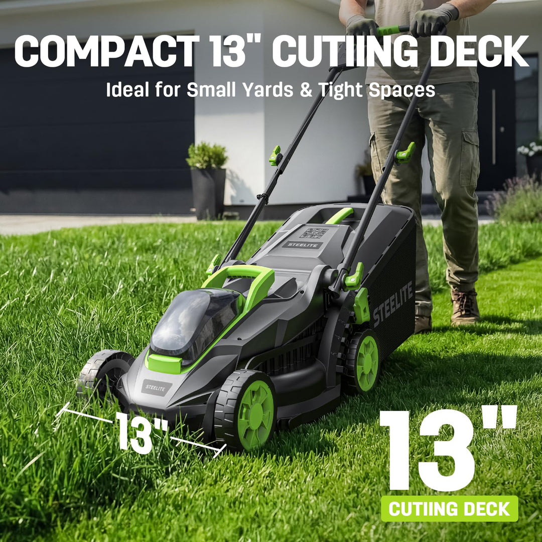 STEELITE 21V 13-Inch Brushless Cordless Lawn Mower, Electric Push Mower with 4.0Ah Battery & Charger, 5-Level Height Adjustment, Mulching/Bagging, for Small Yard