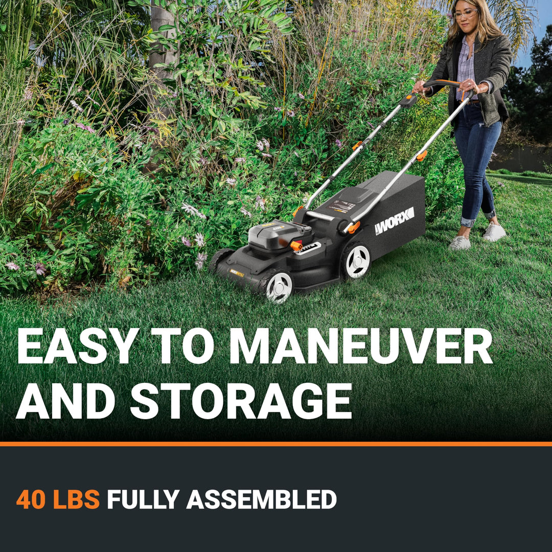 17'' Cordless Lawn Mower, 2 in 1 Electric Mower Cuts to Edge, Compact & Lightweight Push Lawn Mower with 6-Position Height Adjustment for Medium Size Yards, 2 Batteries & Charger Included, WG745